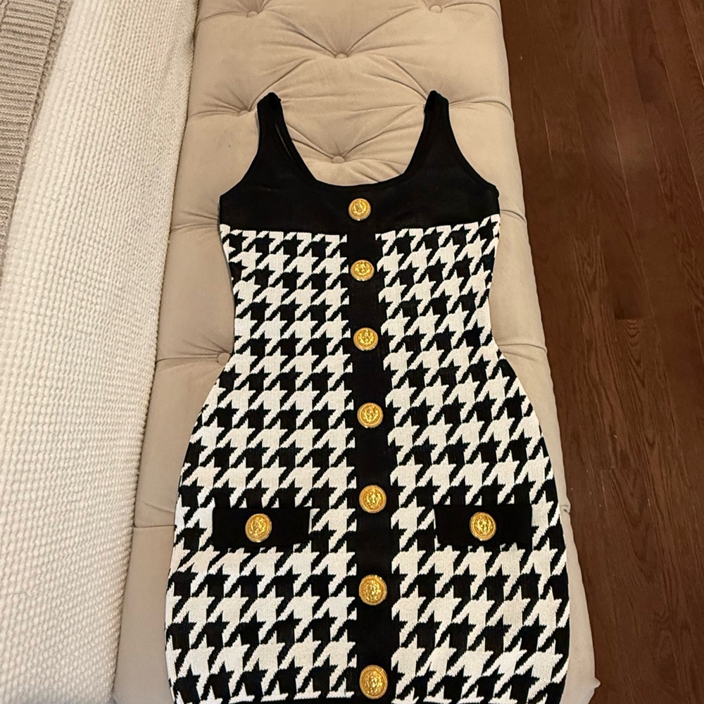 Balmain Black and White Houndstooth Mini Dress with Gold Buttons